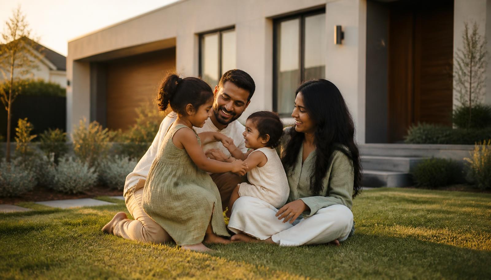 A family together in the living room of their new Australian home at golden hour