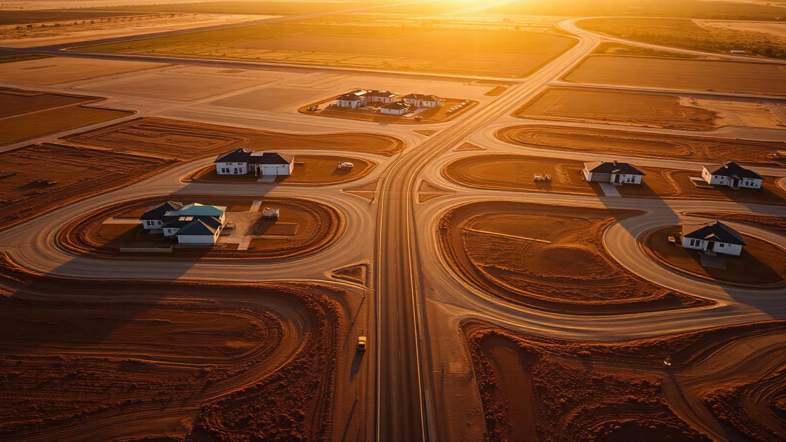 Aerial view of a new Australian residential land estate at golden hour