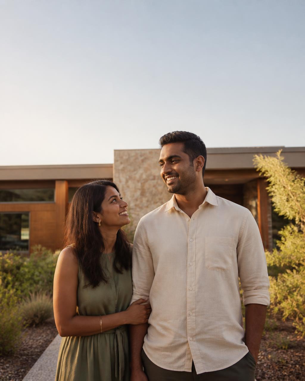 A couple walking up the path of their new Australian home in late-afternoon light